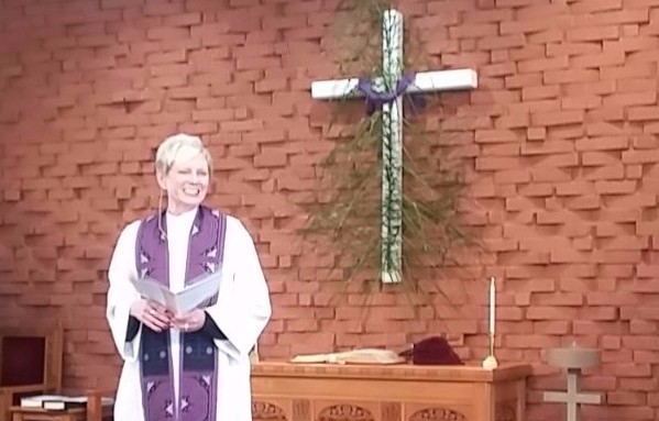 Pastor Mary Sue Brookshire during Sunday worship at POVUCC
